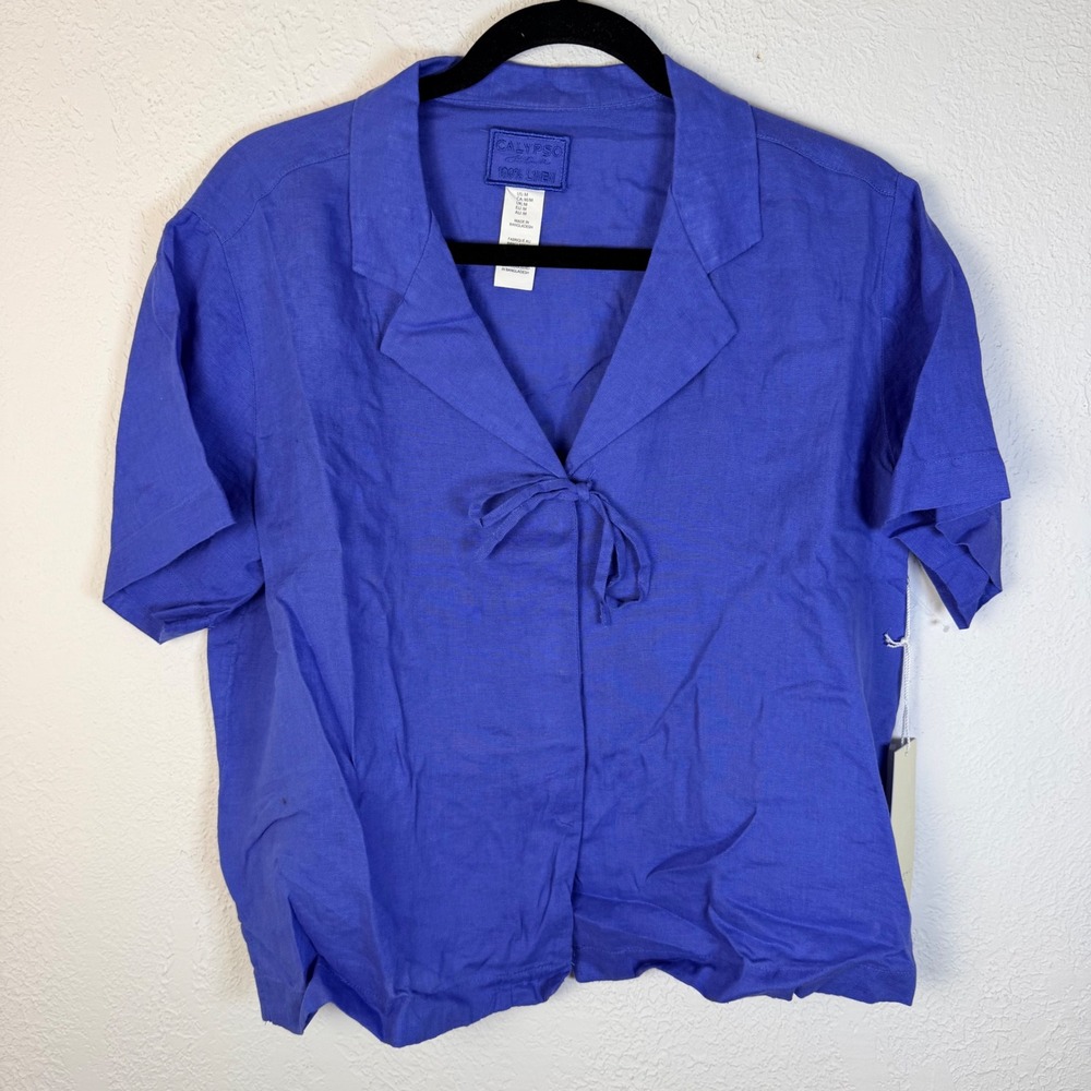 NEW Calypso St Barth Womens M Blue 100% Linen Top Coastal Minimalist Vacation